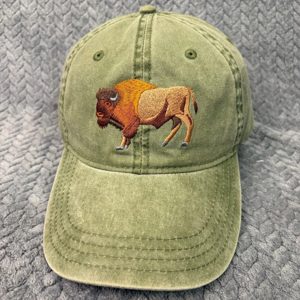 Eco Pecos National Historical Park Bison Embroidered Green Cotton Hat Cap 1322